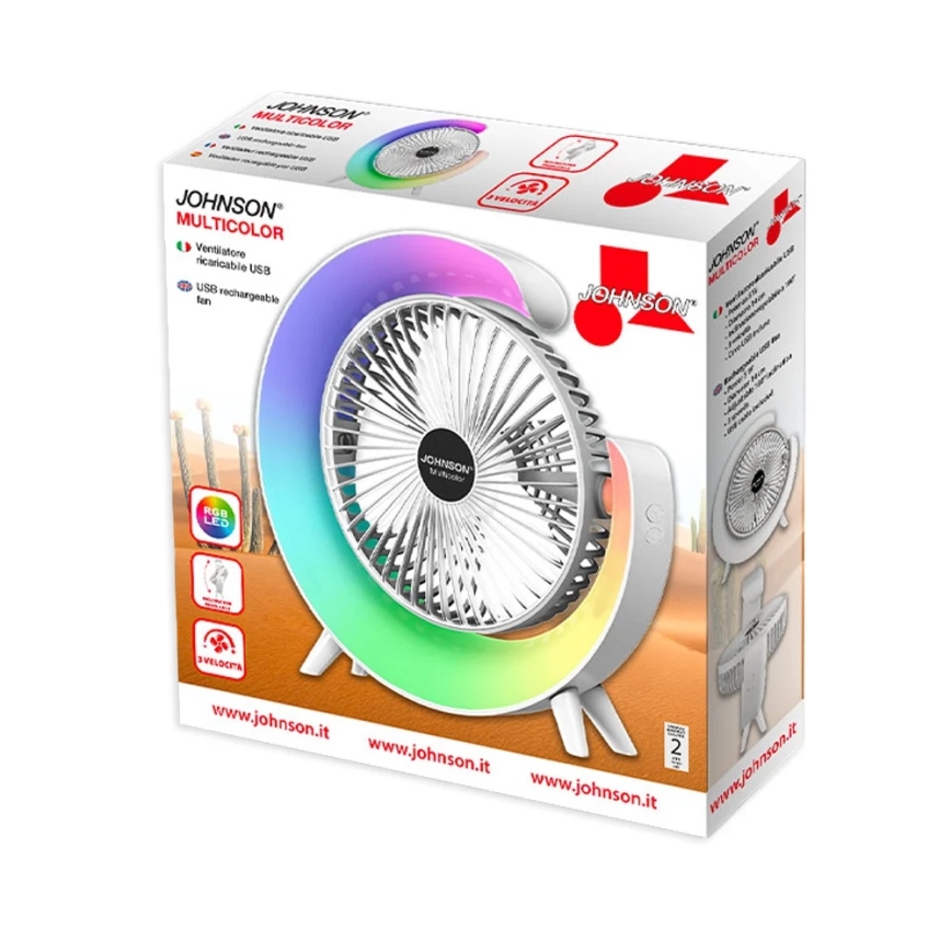 JOHNSON - LED RGB uzlādējamais galda ventilators MULTICOLOR LED/5W/3,7V 1200 mAh Ø 14 cm balts