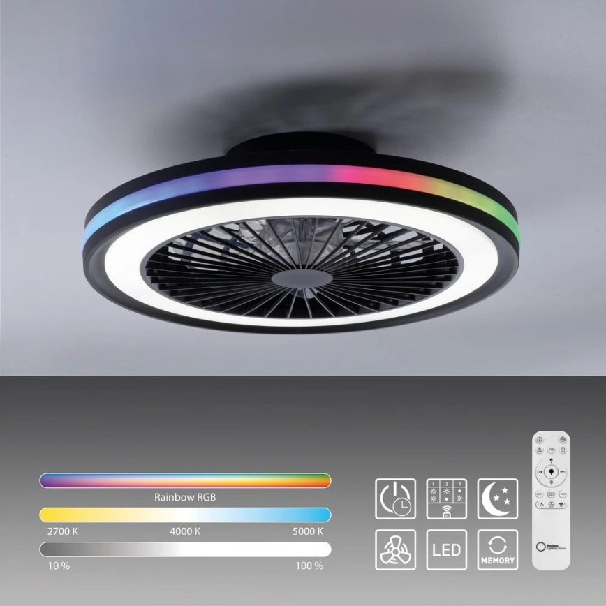 JUST LIGHT. 14649-18 - LED RGBW Regulējams griestu ventilators ar gaismu BRANDON LED/36W/230V 2700-5000K diametrs 46,5 cm melns + tālvadības pults