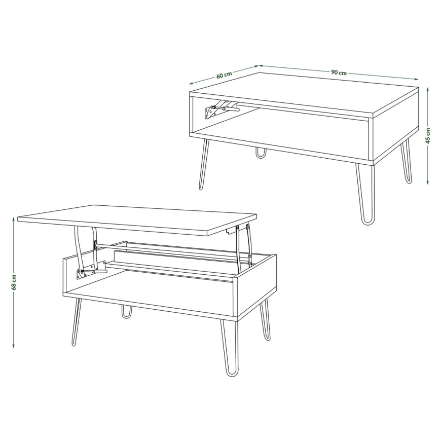 Kafijas galdiņš ar paceļamu virsmu un plauktu HALIJA, balts/melns
