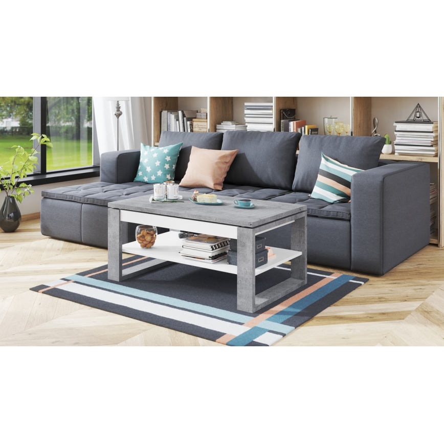 Kafijas galdiņš ar pacelamu virsmu un plauktu NEA, betona pelēks/balts