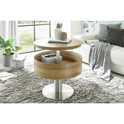 Kafijas galdiņš ELEMENT ar paceļamu virsmu, diametrs 60 cm, ozols/sudraba
