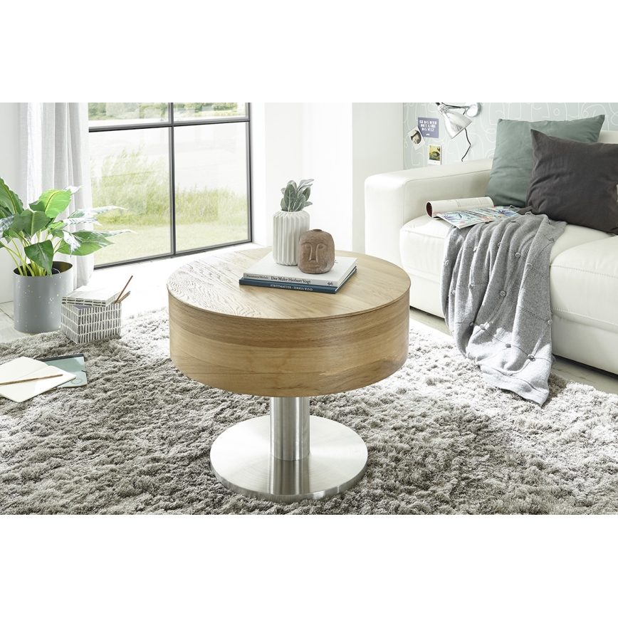 Kafijas galdiņš ELEMENT ar paceļamu virsmu, diametrs 60 cm, ozols/sudraba