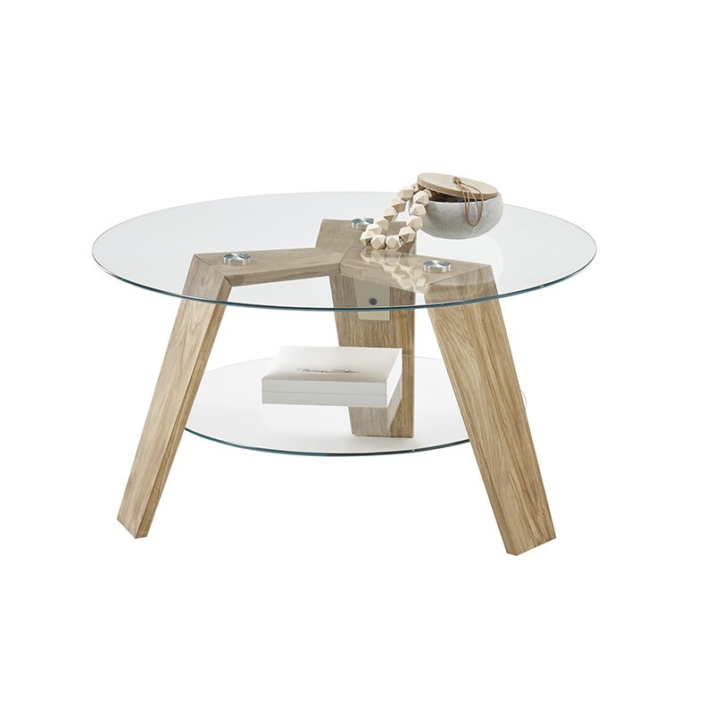 Kafijas galdiņš TITAN Ø 75 cm, caurspīdīgs/ozols