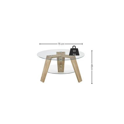Kafijas galdiņš TITAN Ø 75 cm, caurspīdīgs/ozols