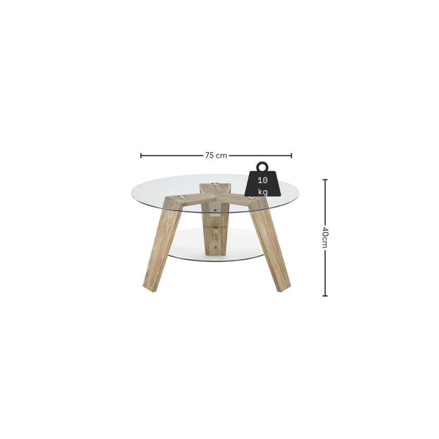 Kafijas galdiņš TITAN Ø 75 cm, caurspīdīgs/ozols