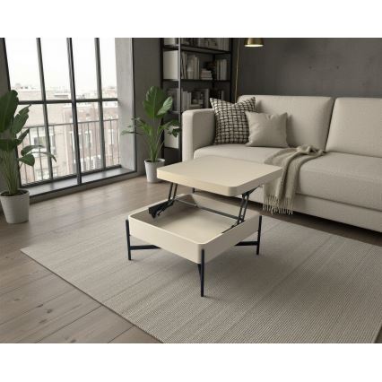 Kafijas galds ar paceļamu virsmu un plauktu OASIS 75x75 cm krēmkrāsas/melns