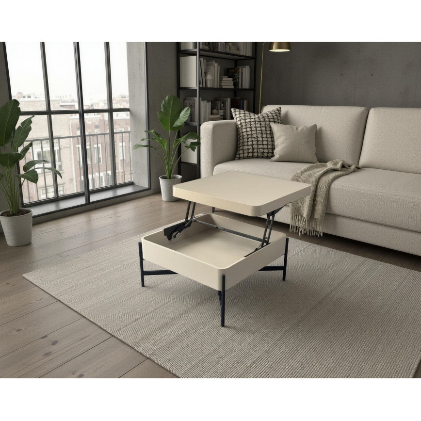 Kafijas galds ar paceļamu virsmu un plauktu OASIS 75x75 cm krēmkrāsas/melns