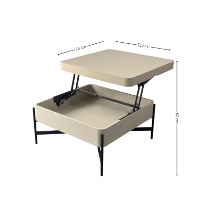 Kafijas galds ar paceļamu virsmu un plauktu OASIS 75x75 cm krēmkrāsas/melns