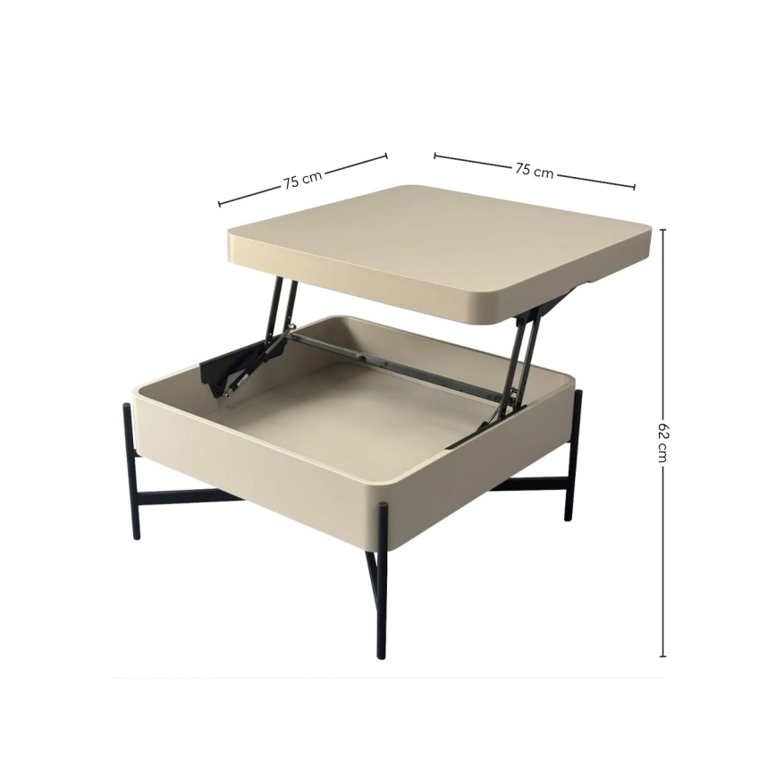 Kafijas galds ar paceļamu virsmu un plauktu OASIS 75x75 cm krēmkrāsas/melns