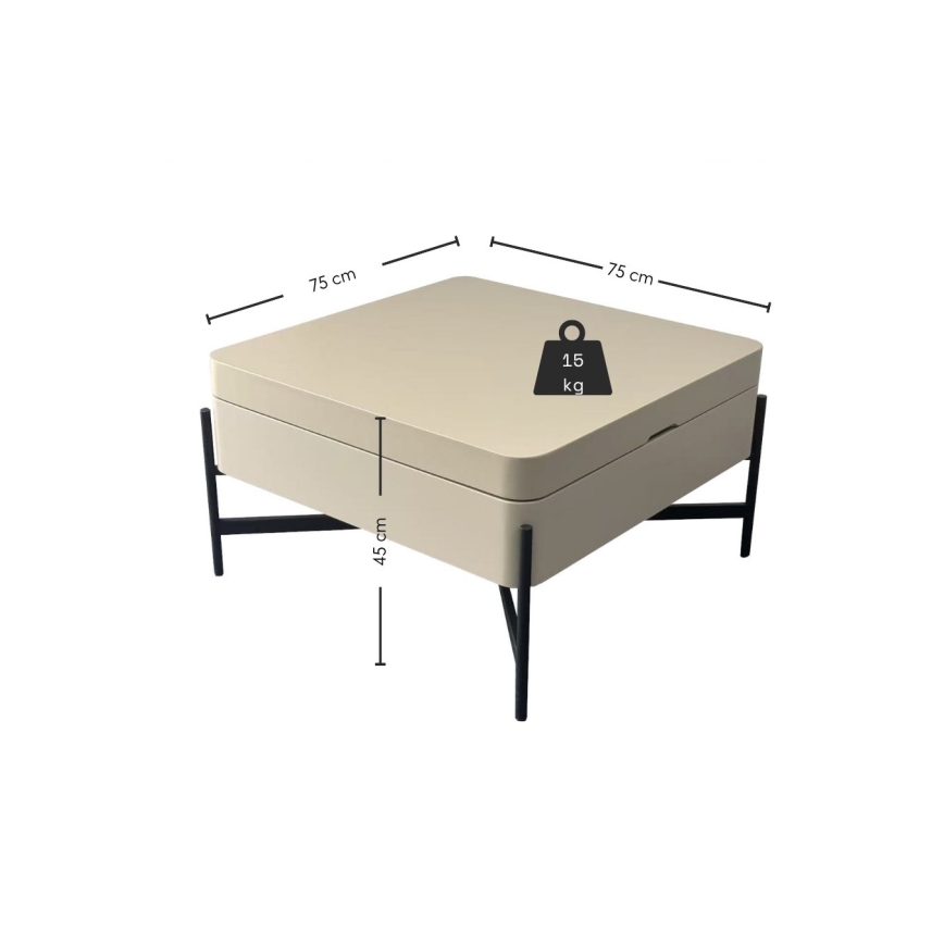 Kafijas galds ar paceļamu virsmu un plauktu OASIS 75x75 cm krēmkrāsas/melns