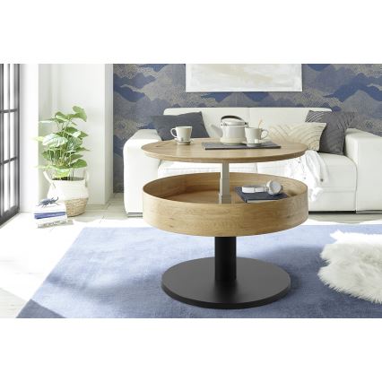Kafijas galds ELEMENT ar paceļamu virsmu, Ø 75 cm, ozols/melns