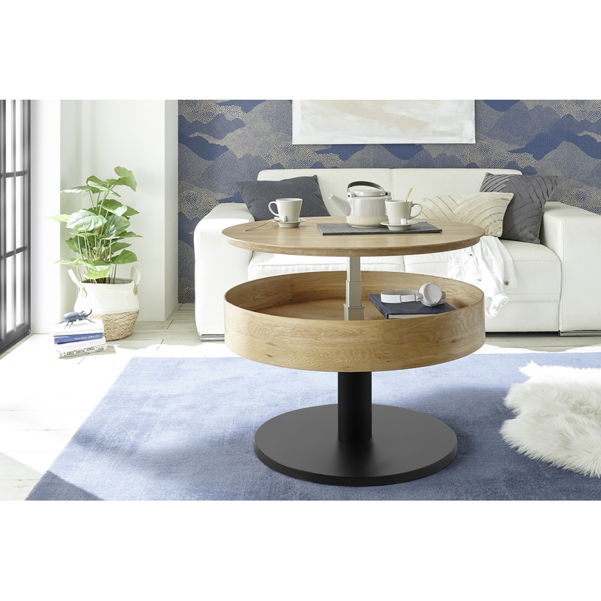 Kafijas galds ELEMENT ar paceļamu virsmu, Ø 75 cm, ozols/melns