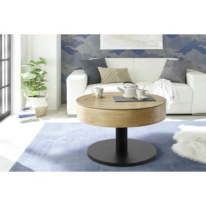 Kafijas galds ELEMENT ar paceļamu virsmu, Ø 75 cm, ozols/melns
