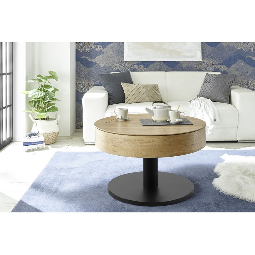 Kafijas galds ELEMENT ar paceļamu virsmu, Ø 75 cm, ozols/melns