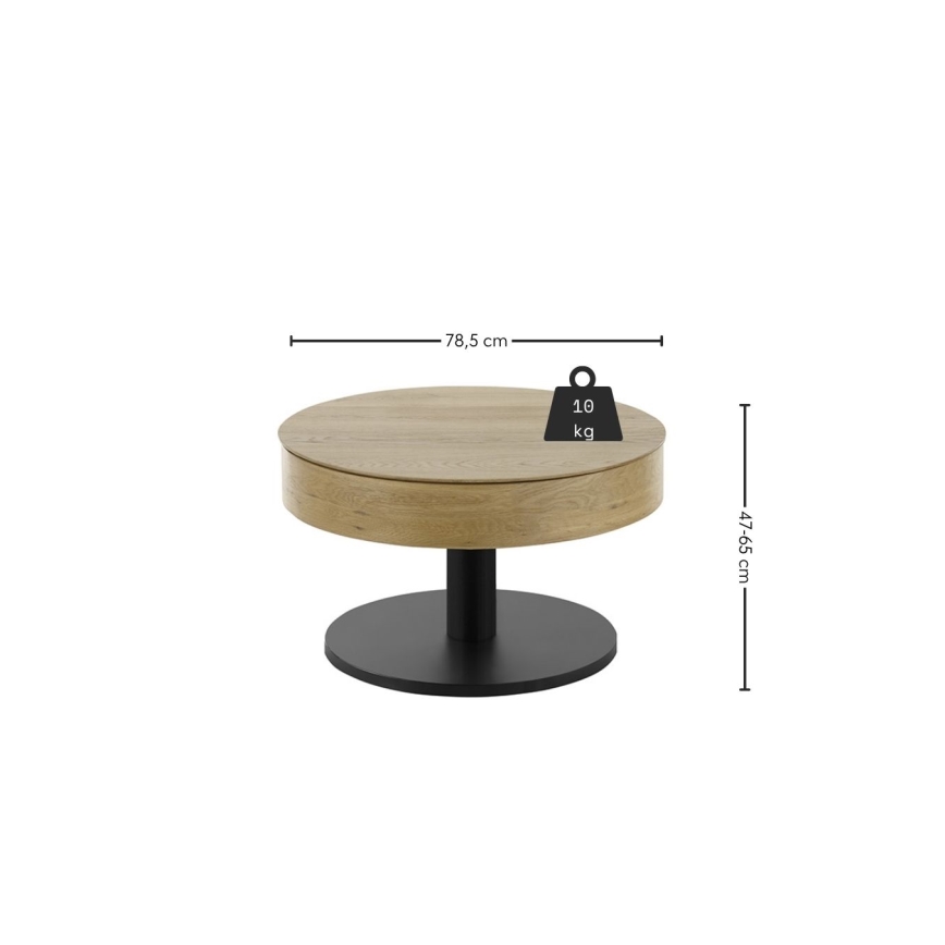 Kafijas galds ELEMENT ar paceļamu virsmu, Ø 75 cm, ozols/melns