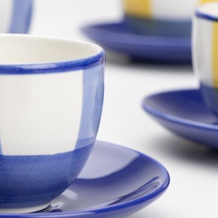 Kafijas komplekts 6x keramikas krūze Tereza ar apakštasīti balta zila dzeltena