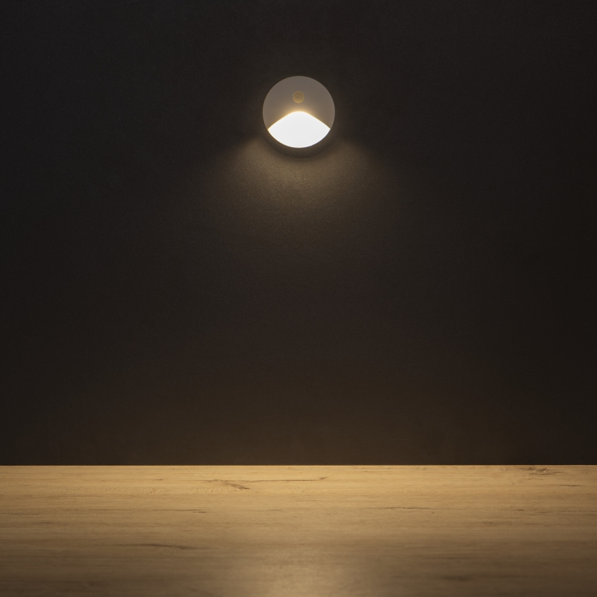 LED kāpņu gaismeklis ar kustības un krēslas sensoru EXIN LED/2,5W/230V 3000K IP65 balts apaļš