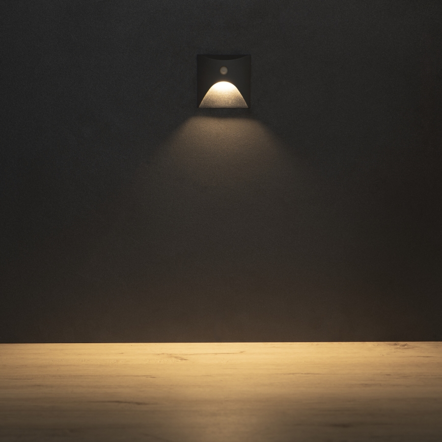 LED kāpņu gaismeklis ar kustības un krēslas sensoru EXIN LED/2,5W/230V 3000K IP65, antracīta krāsā, kvadrātveida