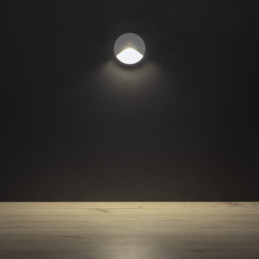 LED kāpņu gaismeklis ar kustības un krēslas sensoru EXIN LED/2,5W/230V 4000K IP65 balts apaļš