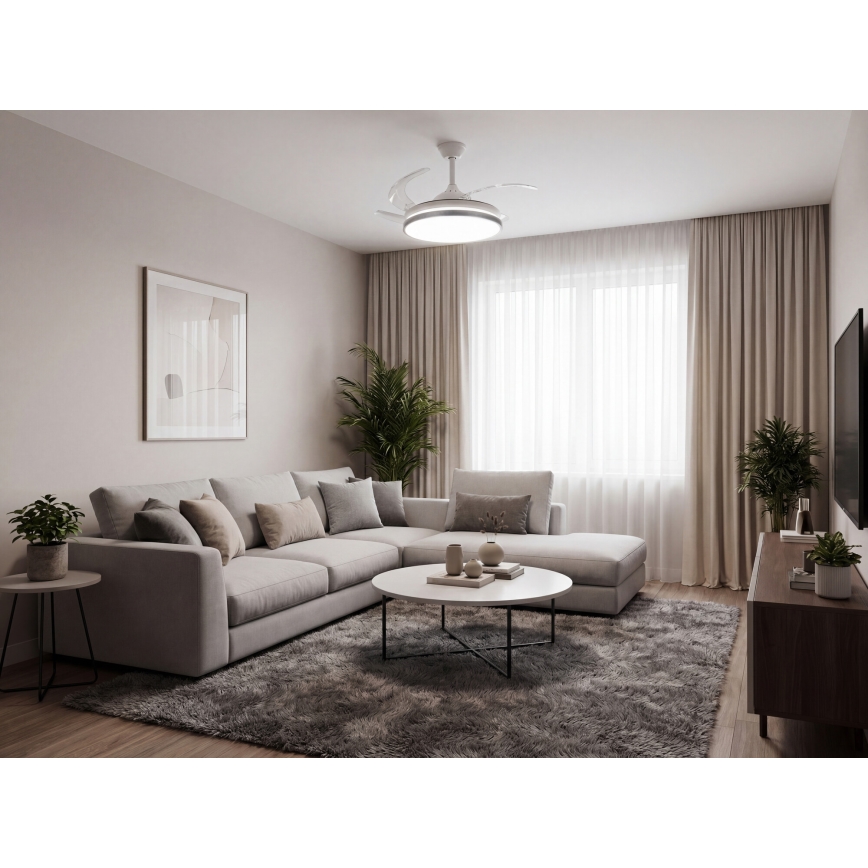 LED griestu lampa ar regulējamu spilgtumu un ventilatoru PLAVE LED/36W/230V 3000-6500K sudraba/balta + tālvadības pults