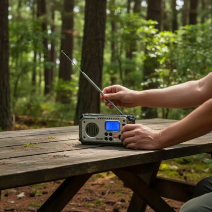 Kempinga radio ar rokas kloķi, saules paneli un LED lukturīti ar powerbankas funkciju 5V/3xAAA/2000 mAh IPX4 zaļa