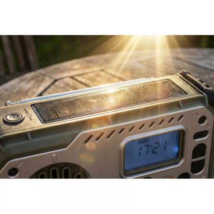 Kempinga radio ar rokas kloķi, saules paneli un LED lukturīti ar powerbankas funkciju 5V/3xAAA/2000 mAh IPX4 zaļa