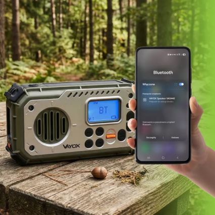 Kempinga radio ar rokas kloķi, saules paneli un LED lukturīti ar powerbankas funkciju 5V/3xAAA/2000 mAh IPX4 zaļa