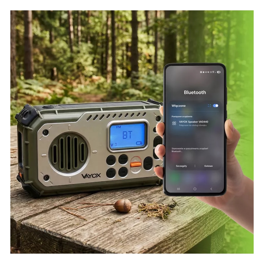 Kempinga radio ar rokas kloķi, saules paneli un LED lukturīti ar powerbankas funkciju 5V/3xAAA/2000 mAh IPX4 zaļa