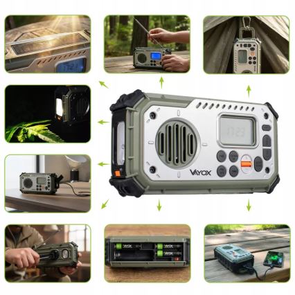 Kempinga radio ar rokas kloķi, saules paneli un LED lukturīti ar powerbankas funkciju 5V/3xAAA/2000 mAh IPX4 zaļa