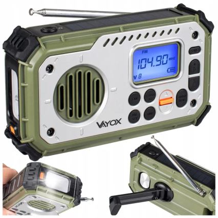 Kempinga radio ar rokas kloķi, saules paneli un LED lukturīti ar powerbankas funkciju 5V/3xAAA/2000 mAh IPX4 zaļa