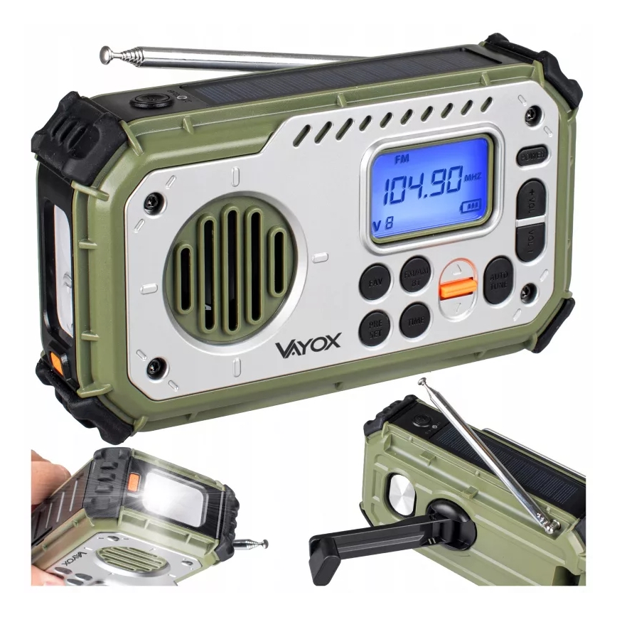 Kempinga radio ar rokas kloķi, saules paneli un LED lukturīti ar powerbankas funkciju 5V/3xAAA/2000 mAh IPX4 zaļa