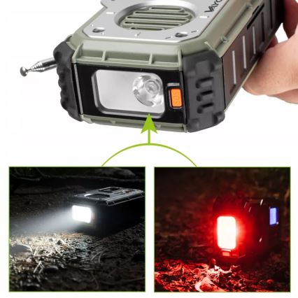 Kempinga radio ar rokas kloķi, saules paneli un LED lukturīti ar powerbankas funkciju 5V/3xAAA/2000 mAh IPX4 zaļa