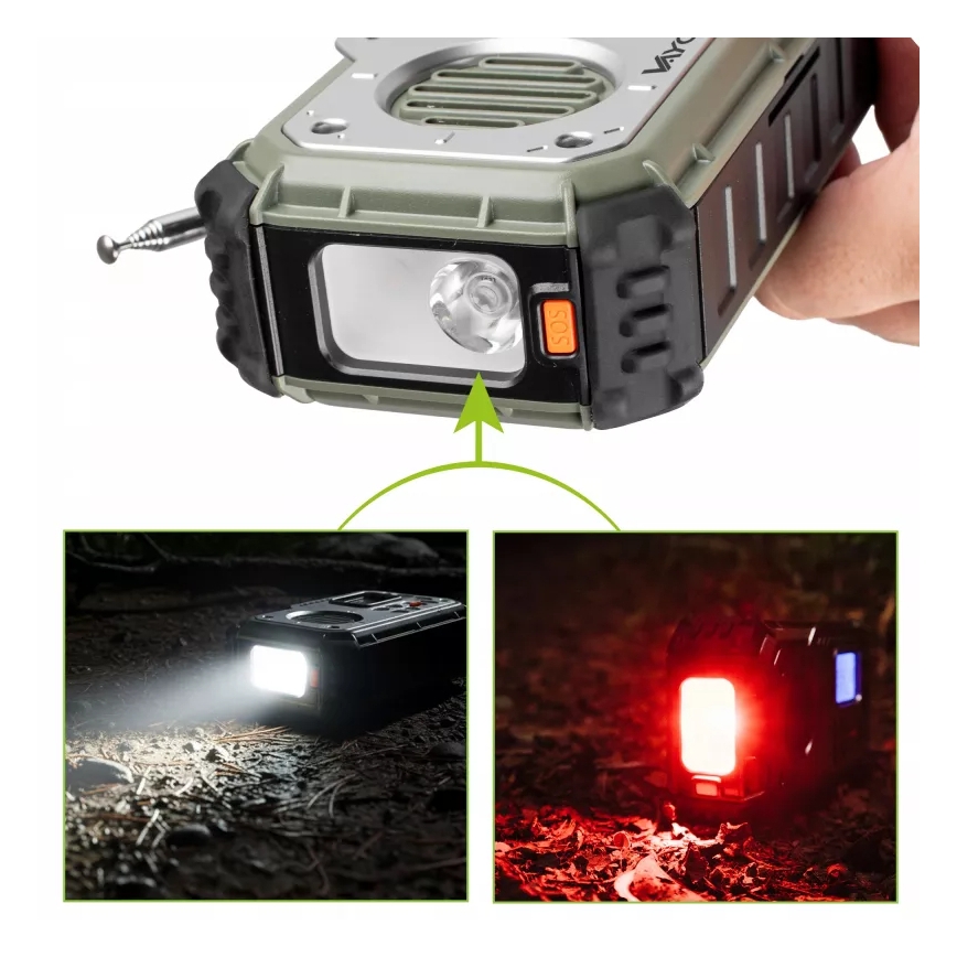 Kempinga radio ar rokas kloķi, saules paneli un LED lukturīti ar powerbankas funkciju 5V/3xAAA/2000 mAh IPX4 zaļa