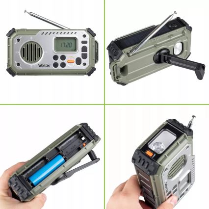 Kempinga radio ar rokas kloķi, saules paneli un LED lukturīti ar powerbankas funkciju 5V/3xAAA/2000 mAh IPX4 zaļa