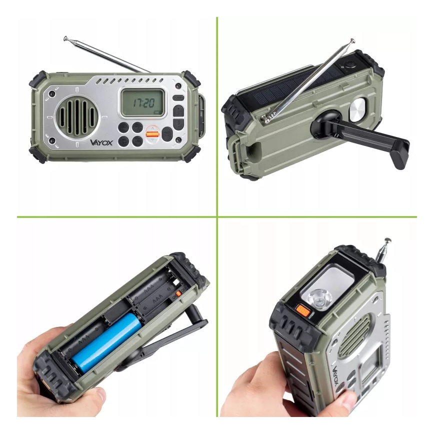 Kempinga radio ar rokas kloķi, saules paneli un LED lukturīti ar powerbankas funkciju 5V/3xAAA/2000 mAh IPX4 zaļa