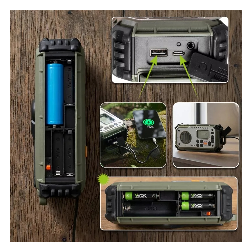Kempinga radio ar rokas kloķi, saules paneli un LED lukturīti ar powerbankas funkciju 5V/3xAAA/2000 mAh IPX4 zaļa