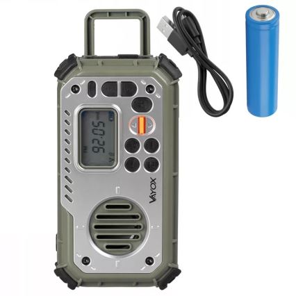 Kempinga radio ar rokas kloķi, saules paneli un LED lukturīti ar powerbankas funkciju 5V/3xAAA/2000 mAh IPX4 zaļa