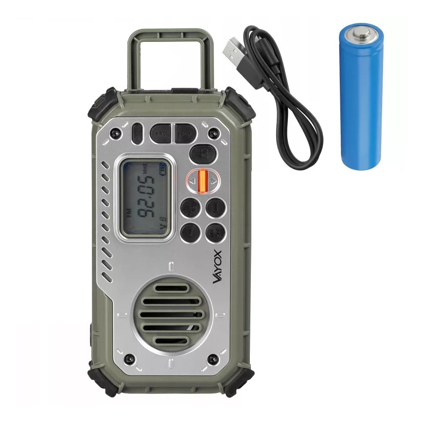 Kempinga radio ar rokas kloķi, saules paneli un LED lukturīti ar powerbankas funkciju 5V/3xAAA/2000 mAh IPX4 zaļa