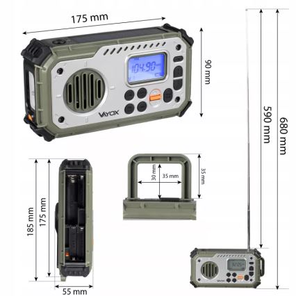 Kempinga radio ar rokas kloķi, saules paneli un LED lukturīti ar powerbankas funkciju 5V/3xAAA/2000 mAh IPX4 zaļa