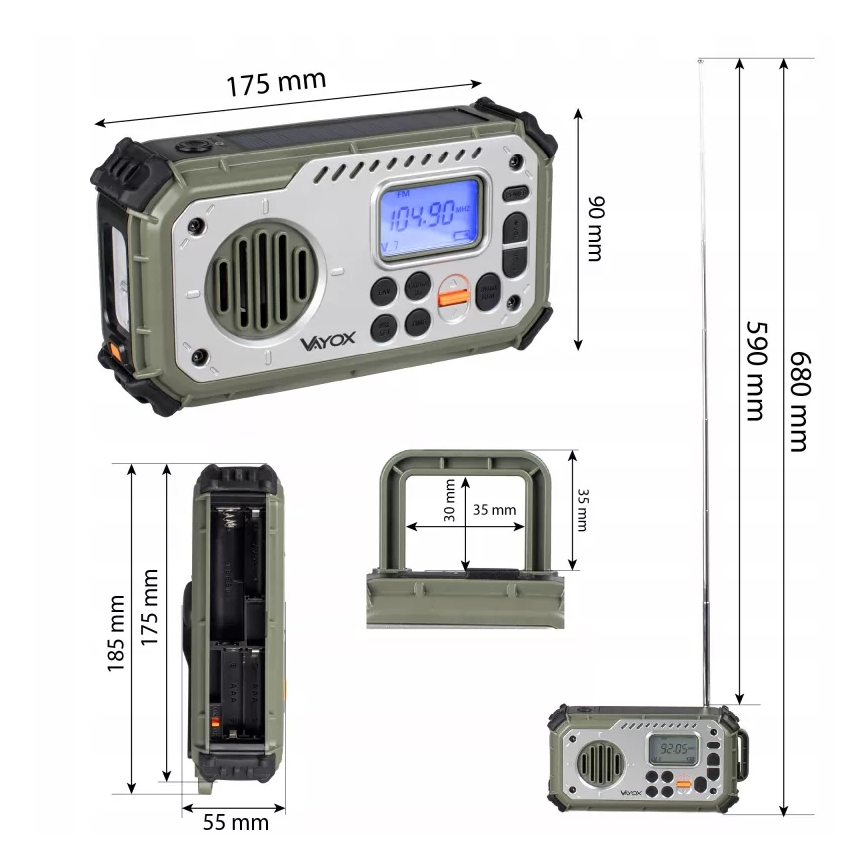 Kempinga radio ar rokas kloķi, saules paneli un LED lukturīti ar powerbankas funkciju 5V/3xAAA/2000 mAh IPX4 zaļa