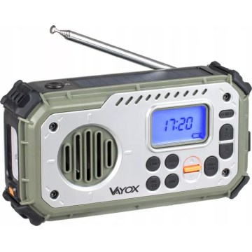 Kempinga radio ar rokas kloķi, saules paneli un LED lukturīti ar powerbankas funkciju 5V/3xAAA/2000 mAh IPX4 zaļa