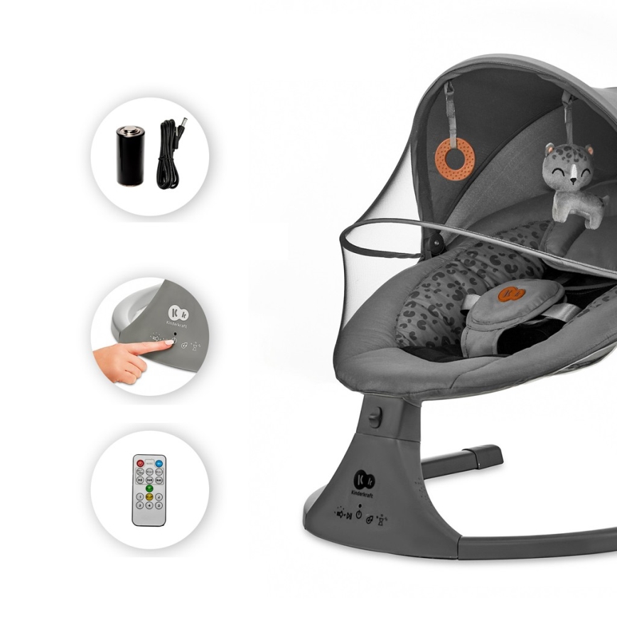KINDERKRAFT - Bērnu šūpuļkrēsls ar mūziku 2in1 LUMI 4xAAA tumši pelēka