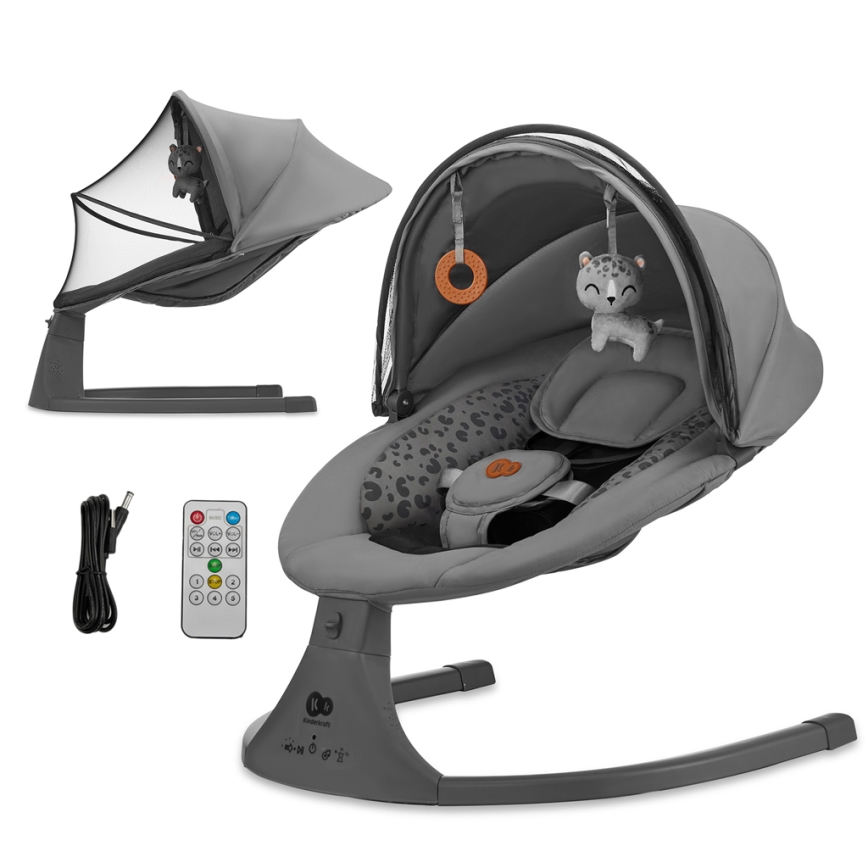 KINDERKRAFT - Bērnu šūpuļkrēsls ar mūziku 2in1 LUMI 4xAAA tumši pelēka