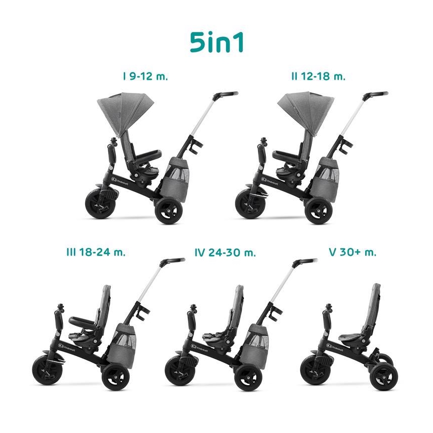 KINDERKRAFT - Bērnu trīsritenis 5v1 EASYTWIST pelēks/melns