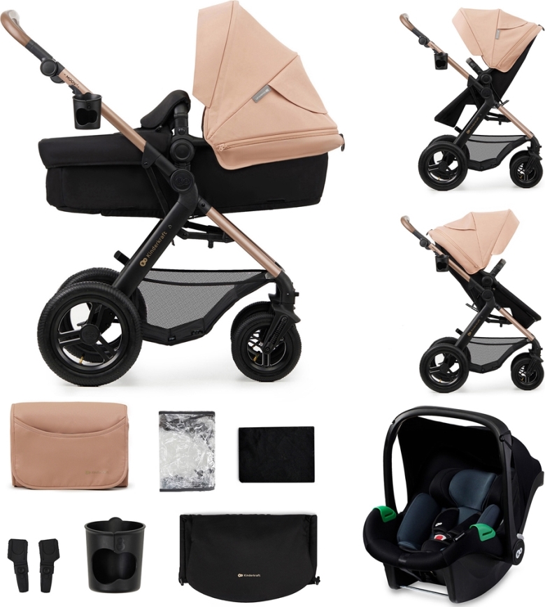 KINDERKRAFT - kombinētie ratiņi 3in1 MOOV 2 AIR Sand bēša + autokrēsls MINK PRO