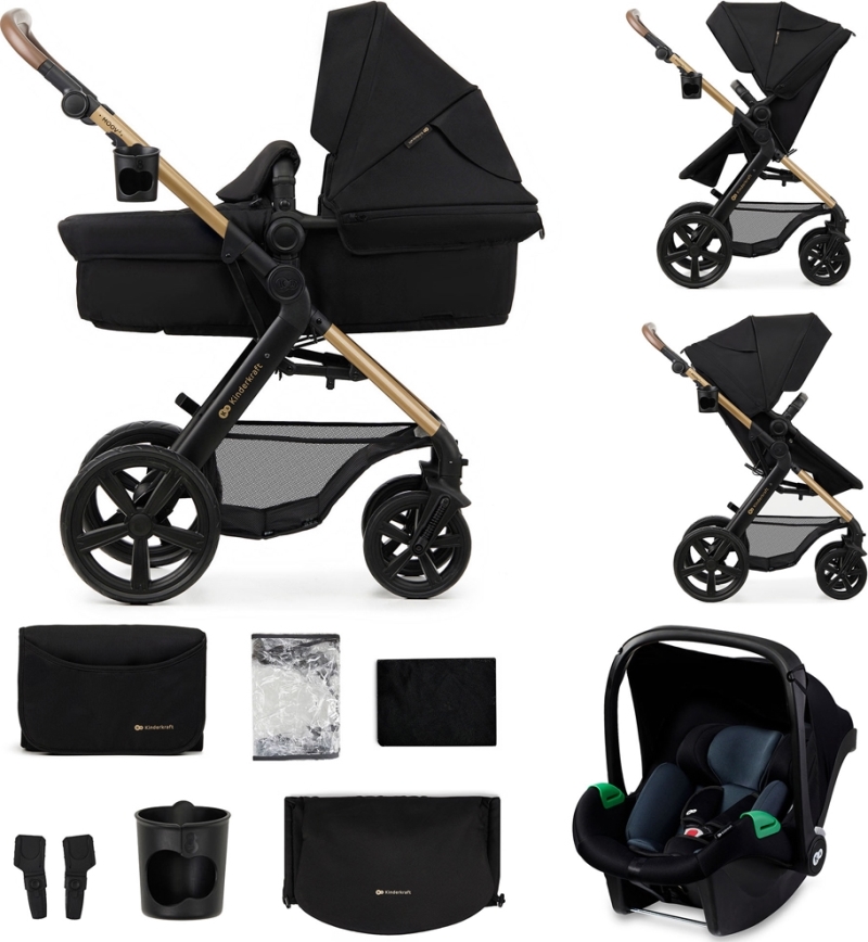 KINDERKRAFT - kombinētie ratiņi 3in1 MOOV 2 Pure melna + autokrēsls MINK PRO