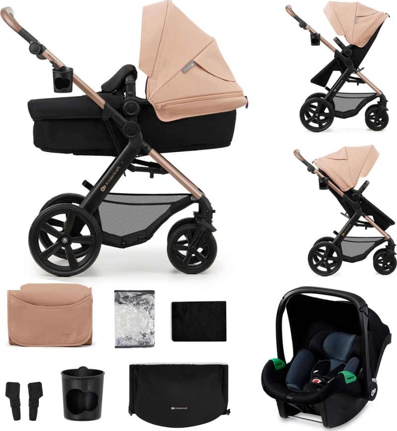 KINDERKRAFT - kombinētie ratiņi 3in1 MOOV 2 Sand bēša + autokrēsls MINK PRO