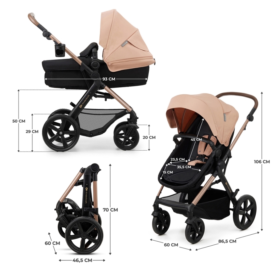 KINDERKRAFT - kombinētie ratiņi 3in1 MOOV 2 Sand bēša + autokrēsls MINK PRO