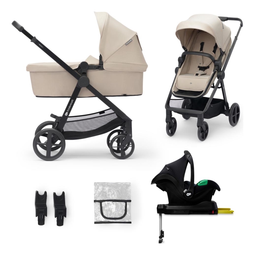 KINDERKRAFT - Kombinētie ratiņi 4in1 NEWLY Klasiska bēša + autokrēsls MINK PRO ar pamatni ISOFIX