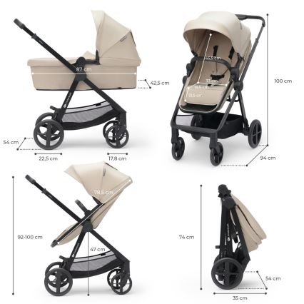 KINDERKRAFT - Kombinētie ratiņi 4in1 NEWLY Klasiska bēša + autokrēsls MINK PRO ar pamatni ISOFIX